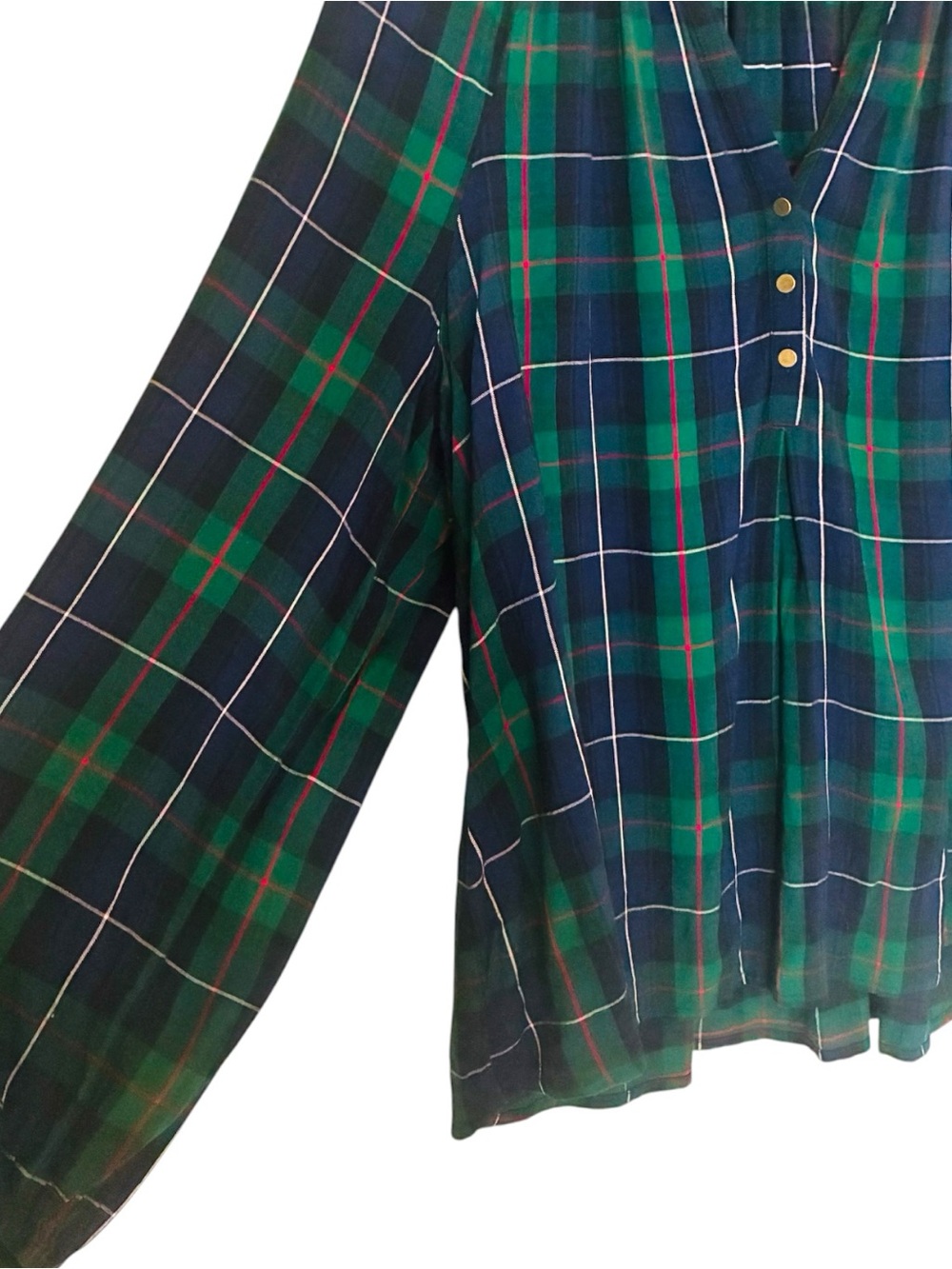 Crown & Ivy Sz LARGE Navy Green Tartan Plaid Split-Neck Popover Blouse Top - Picture 3 of 7